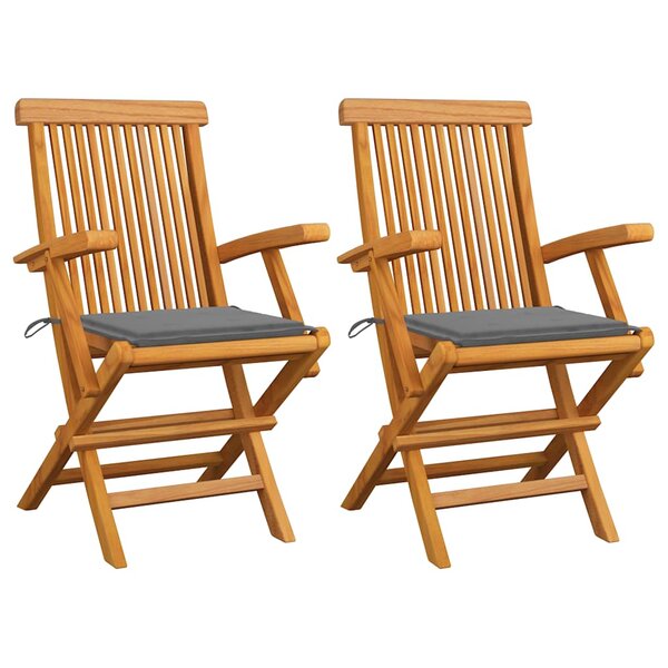 vidaXL Chaises de jardin avec coussins gris lot de 2 Bois teck massif
