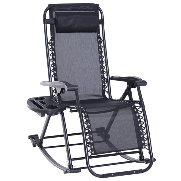 Fauteuil à bascule rocking chair pliable chaise longue zéro gravité 2 en 1 plateau porte gobelet tétière acier textilène noir