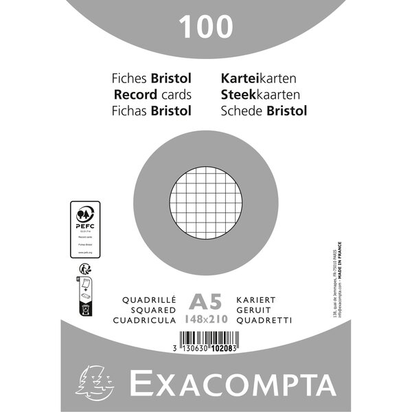 Paquet 100 Fiches Sous Film - Bristol Quadrillé 5x5 Non Perforé 148x210mm - Blanc - X 10 - Exacompta