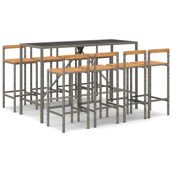 vidaXL Ensemble de bar jardin 9 Pièces gris poly rotin/bois massif acacia