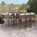 vidaXL Ensemble de bar de jardin 9 Pièces avec coussins marron poly rotin