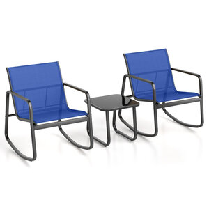 Salon de jardin lot de 3 pièces 72 x 61 x 80 cm mouvement de bascule confort ergonomique design contemporain en métal bleu 20_0013432