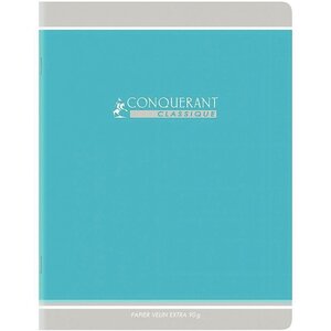 Cahier piqûre 96 pages seyès  papier 90 g  couverture en carte recyclée bleue  format 24 x 32 cm CONQUERANT