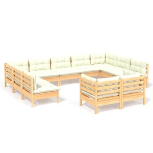 Salon de jardin meuble d'extérieur ensemble de mobilier 11 pièces avec coussins crème bois de pin solide 02_0015325
