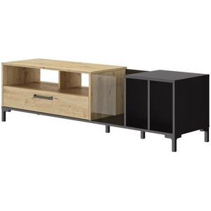 DIAGONE Meuble TV Vinyles - Décor chene et noir - Made in France - L 198 x H 51 x P 45 cm - PYLA
