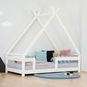 Lit Tipi enfant avec barrière bois massif blanc 120 x 180 cm