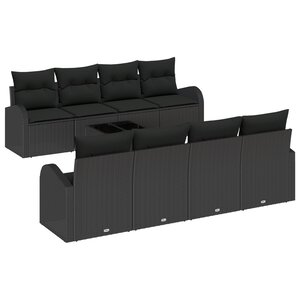 Set de Canapé de Jardin vidaXL 9 Pièces avec Coussins Noir Poly Rattan