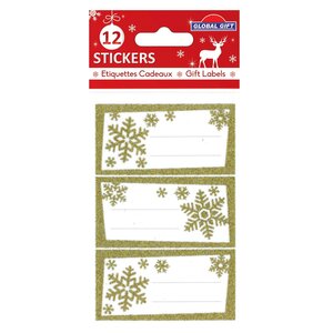 12 étiquettes adhésives de Noël - Flocons dorés à paillettes