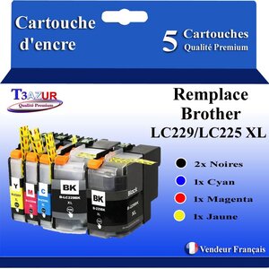T3AZUR- Lot de 5 Cartouches compatibles avec Brother LC225XL   LC229XL pour Brother MFC-J5625DW  MFC-J5720DW