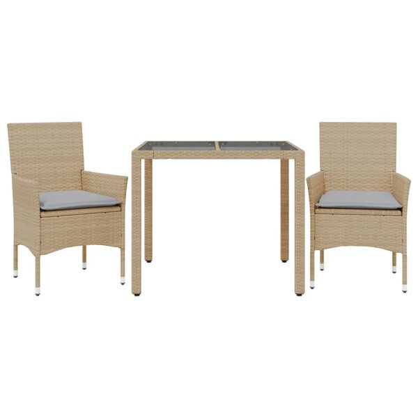 vidaXL Ensemble à manger de jardin et coussins 3 Pièces beige rotin verre