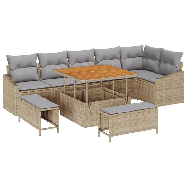vidaXL Canapé de jardin 9 pièces avec coussins en poly rotin beige acacia