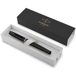 Stylo roller Parker IM Vibrant Rings  Satin noir laqué  attributs violet améthyste  recharge noire pointe fine  Coffret cadeau