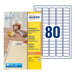 Étiquettes multi-usage amovibles toutes les imprimantes, 35,6 x 16,9 mm, 25 feuilles, 80 étiquettes par feuille, auto-adhésives, blanc (paquet 2000 unités)