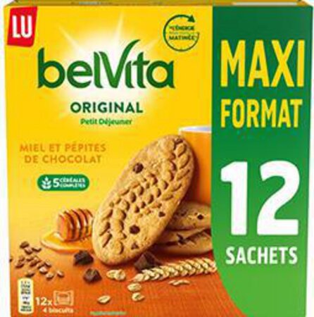 LU Belvita - Biscuits Petit Déjeuner Original miel pépites chocolat le paquet de 12 sachets - 650g