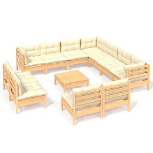 Salon de jardin meuble d'extérieur ensemble de mobilier 12 pièces avec coussins crème bois de pin massif 02_0015571