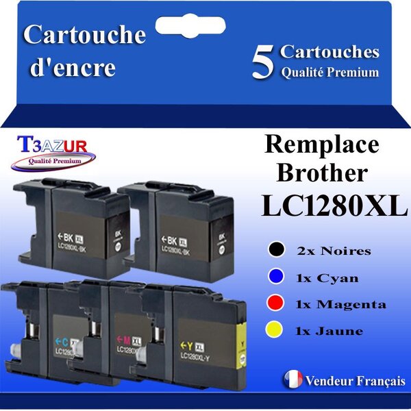 T3AZUR- Lot de 5 Cartouches compatibles avec Brother LC1240 / LC1280 XL pour Brother DCP-J525W  DCP-J725DW  DCP-J925DW
