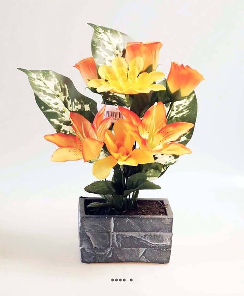 Composition fleurs artificielles pour colombarium roses  lys et dahlias h 32 cm l 25 cm orange - couleur: orange