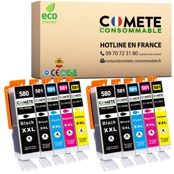 580XL 581XL - 10 Cartouches d'encre Compatibles avec Canon PGI-580 CLI-581 - COMETE