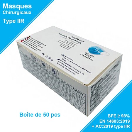 3 boîtes de 50 masques chirurgicaux type IIR - coloris bleu