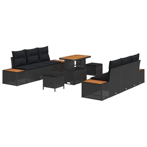 vidaXL Ensemble de canapé de jardin avec coussin 9 Pièces Noir Poly rotin