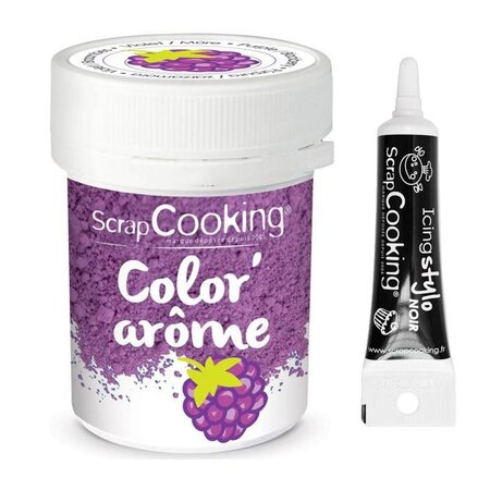 Colorant alimentaire violet arôme mûre 10 g + Stylo glaçage noir