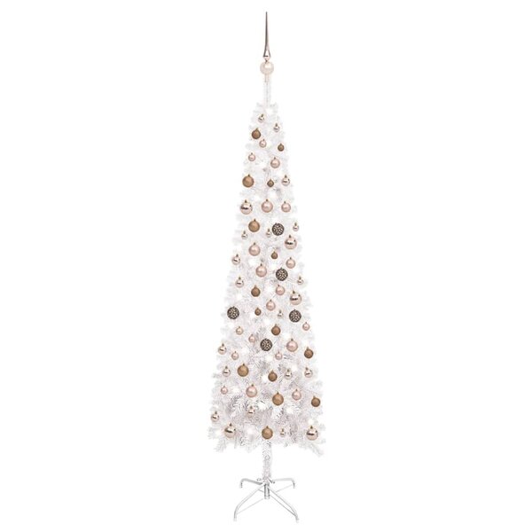 Vidaxl arbre de noël mince avec led et boules blanc 210 cm