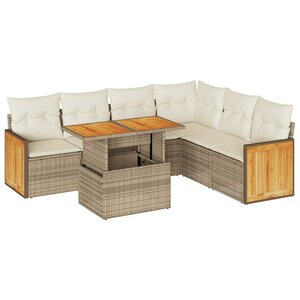 vidaXL Salon de jardin avec coussins 7 Pièces beige résine tressée acacia