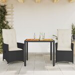 vidaXL Ensemble de bistro 3 Pièces et coussins noir résine tressée acacia