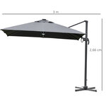 Parasol déporté carré parasol LED inclinable pivotant 360° manivelle piètement acier dim. 3L x 3l x 2 66H m gris