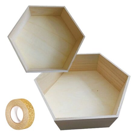 2 étagères hexagonales bois 30 x 26 cm et 36 x 31 cm + masking tape doré à paillettes 5 m