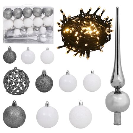 vidaXL Set de boules de Noël avec pic et 150 LED 61 Pièces Blanc et gris