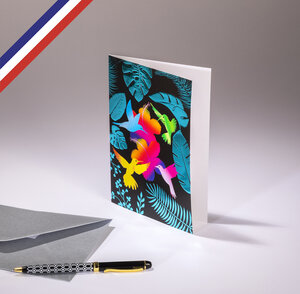 Carte double c'est chic ! Créée et imprimée en france - colibris multicolores et feuillage en dorure bleue