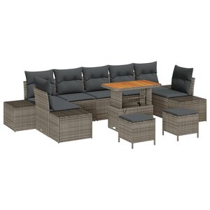 Ensemble de canapé de jardin de 10 pièces avec coussins gris poly rattan acacia