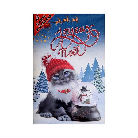 Carte de voeux musicale - fêtes de fin d'année - joyeux noël - chat bonnet rouge