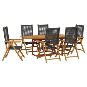 vidaXL Ensemble à manger de jardin 7 Pièces noir rotin et bois massif