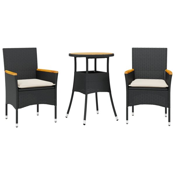 vidaXL Ensemble à manger de jardin et coussins 3 Pièces noir rotin acacia