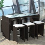 vidaXL Meuble de bar de jardin 7 Pièces et coussins Résine tressée Marron