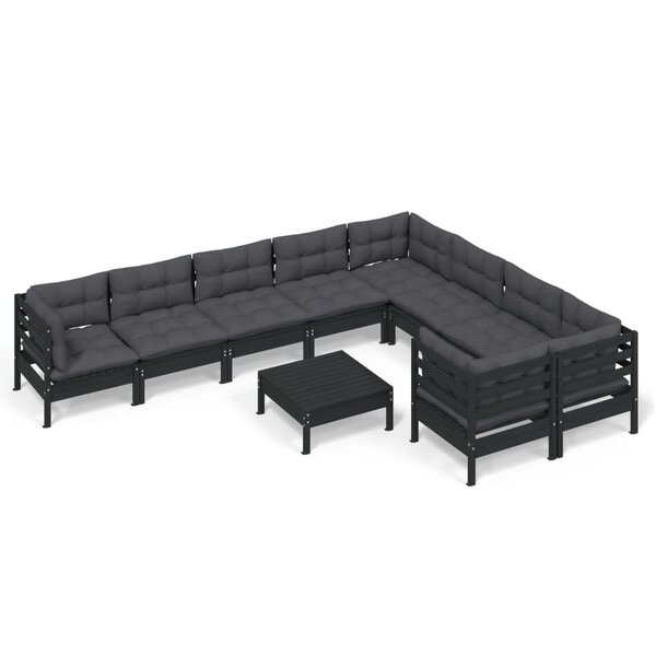 vidaXL Salon de jardin 10 Pièces avec coussins Noir Bois de pin