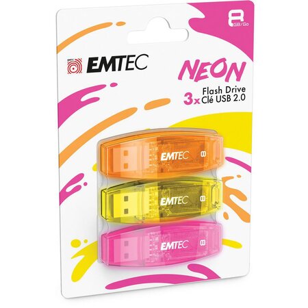 C410 Néon - Clé USB 2.0 - 8 Go - Pack de 3 - Coloris assortis (blister 3 unités)