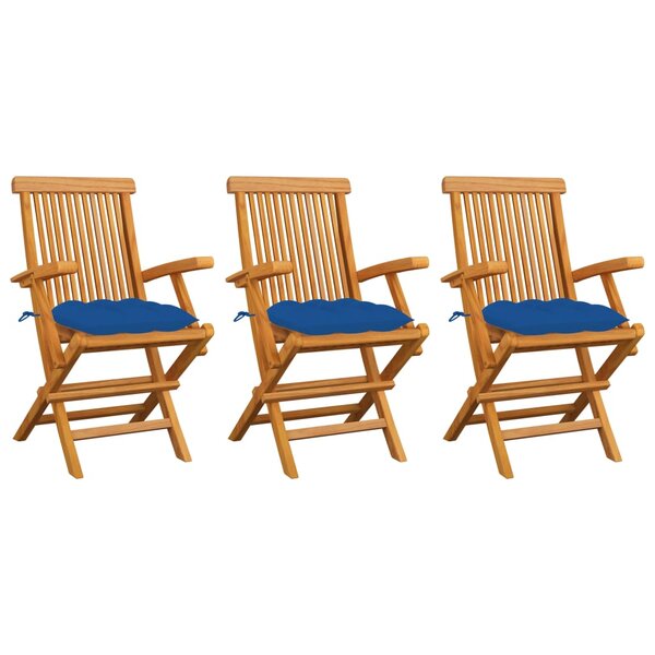 vidaXL Chaises de jardin avec coussins bleu lot de 3 Bois teck massif