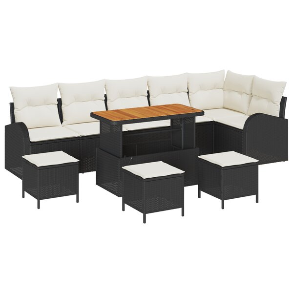 vidaXL Canapé de jardin 10 pièces avec coussins en rotin synthétique noir et acacia.