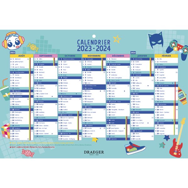 Calendrier scolaire 2023-2024 - 19x13  cm - Août 2023 à Décembre 2024 - Jeux - Draeger