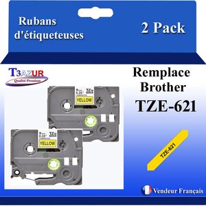 2x Rubans d'étiqueteuses compatibles avec Brother Tze621  Tze-621 pour étiqueteuses P-touch - Texte noir sur fond jaune