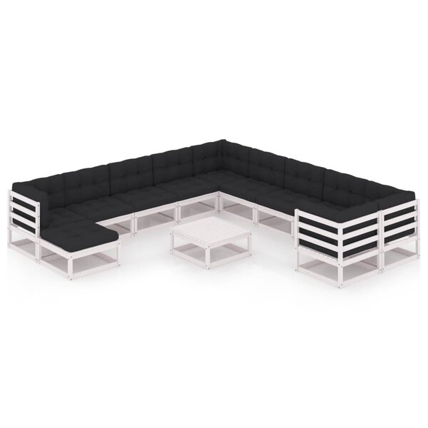 vidaXL Salon de jardin 12 Pièces avec coussins Blanc Bois de pin massif