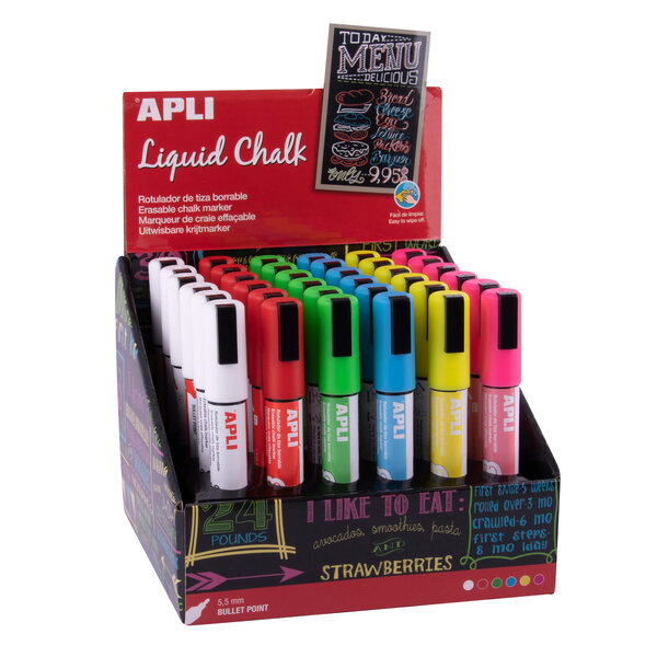 Marqueurs à craie liquide Apli - Pointe ronde de 5 5 mm - Couleurs assorties pour tableaux noirs  plastique  fenêtres et plus - Facile à effacer avec un chiffon humide - Séchage rapide et sans toxique