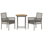 Ensemble Bistro de Jardin 3 Pièces avec Coussins Gris en Poly Rattan
