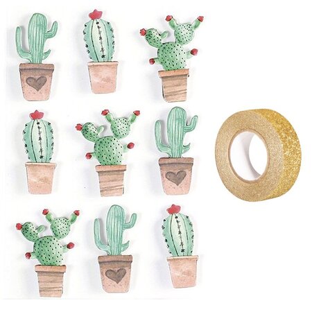 9 stickers 3D Cactus mexicains 4 5 cm + masking tape doré à paillettes 5 m