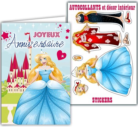 Carte Joyeux Anniversaire Autocollants Princesse Robe Bleue Enveloppe 12x17 5cm
