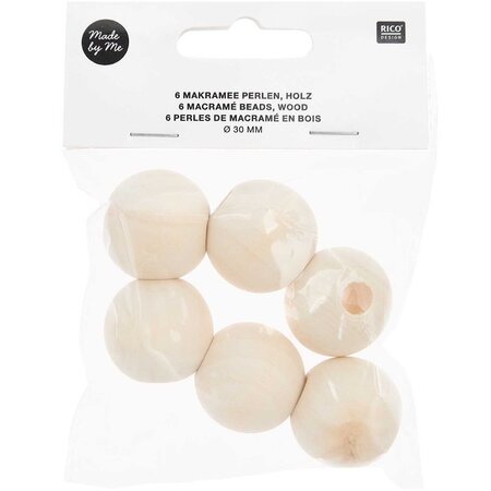 6 Perles rondes macramé - bois nature - 30 mm