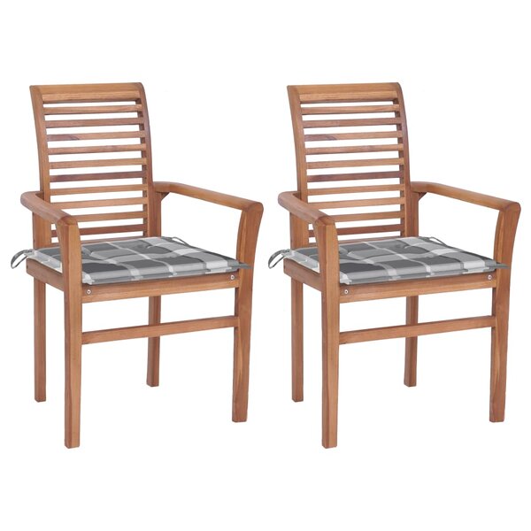 vidaXL Chaises à dîner 2 Pièces avec coussins à carreaux gris Teck
